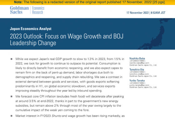 Goldman Sachs - 2023 Outlook: Focus on Wage Growth and BOJ Leadership Change 
