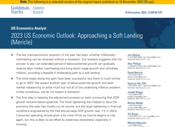 Goldman Sachse's US stocks outlook 2023 