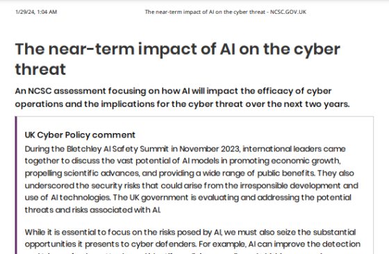 NCSC – The near-term impact of AI on the cyber threat 