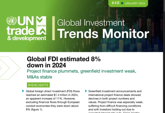 UN Trade – Global FDI Estimated 8% Down in 2024: Project Finance Plummets 