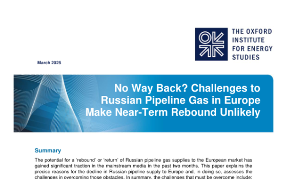 OIES – No Way Back? Challenges to Russian Pipeline Gas in Europe Make Near-Term Rebound Unlikely 