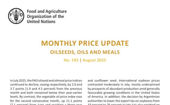 FAO – Monthly Price Update Oilseeds, Oils and Meals, Aug 2025 