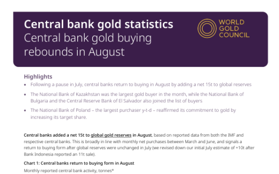 World Gold Council – Central Bank Gold Statistics, Aug 