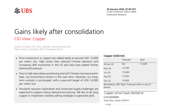 UBS – Gains Likely After Consolidation: CIO View: Copper 